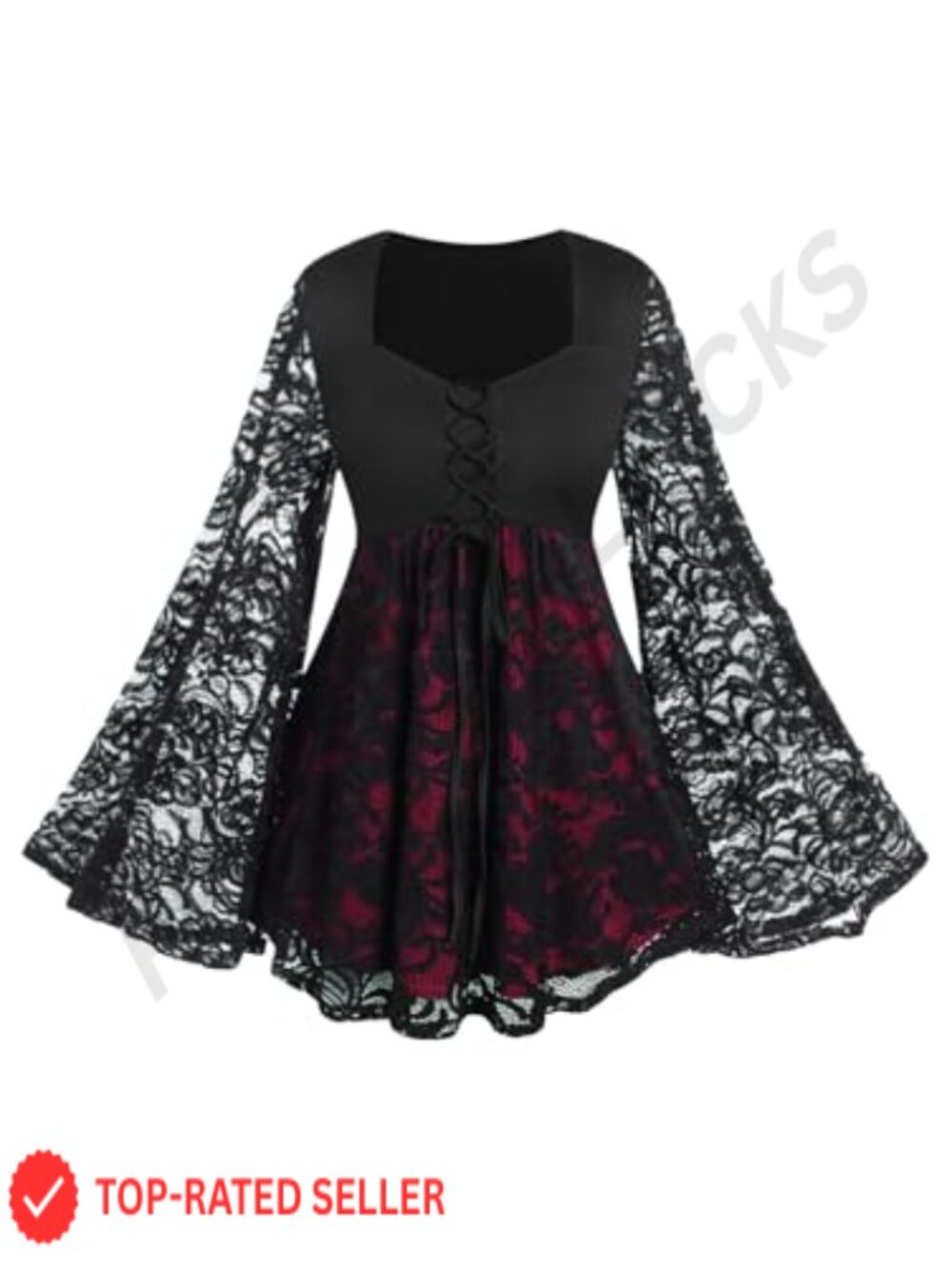 Plus Size Gothic Lace-Up Witch Halloween Costume Top Bell Sleeves